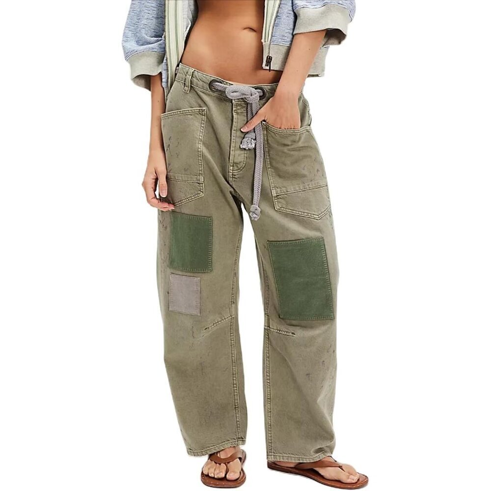 Women Baggy Barrel Jeans Cotton Elastane Low Rise Wide Leg Casual Pants